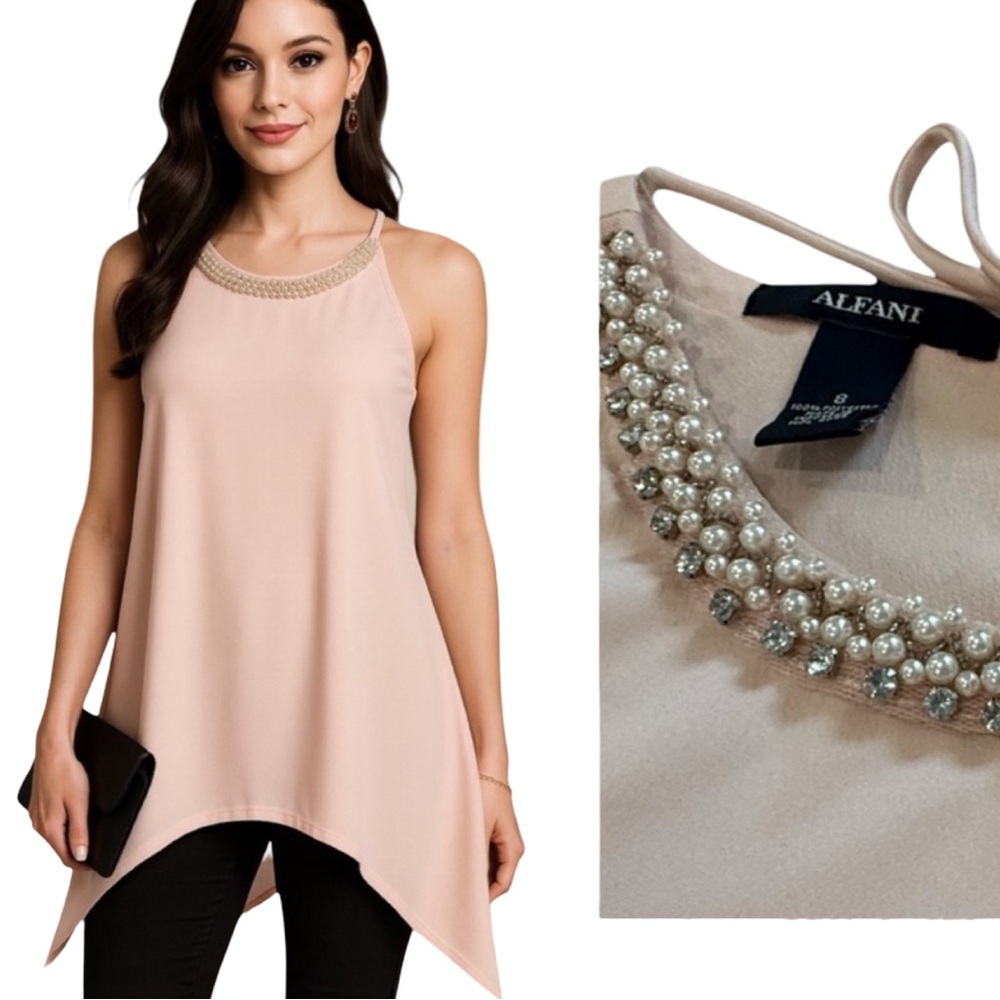 Alfani Pink Beaded rhinestone Sleeveless Tunic Top Size 8 Elegant Dressy Blouse